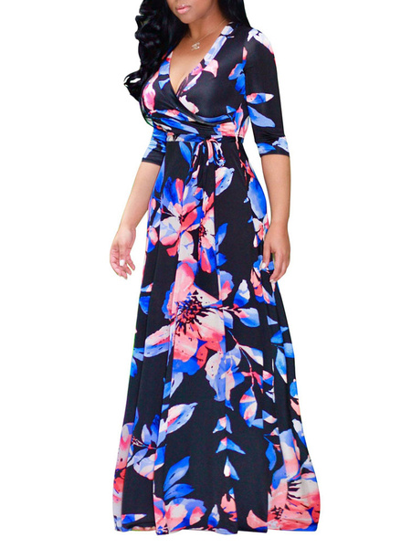 Plus Size Maxi V Neck Printed Casual Dress - TD Mercado