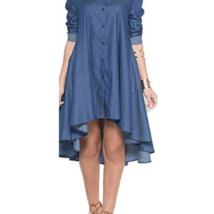 Casual Button Front Denim High Low Mini Dress