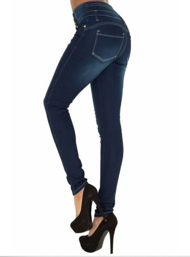 Women High Button Down and Zip Waist Faded Denim Skinny Scrunch Jeans ...