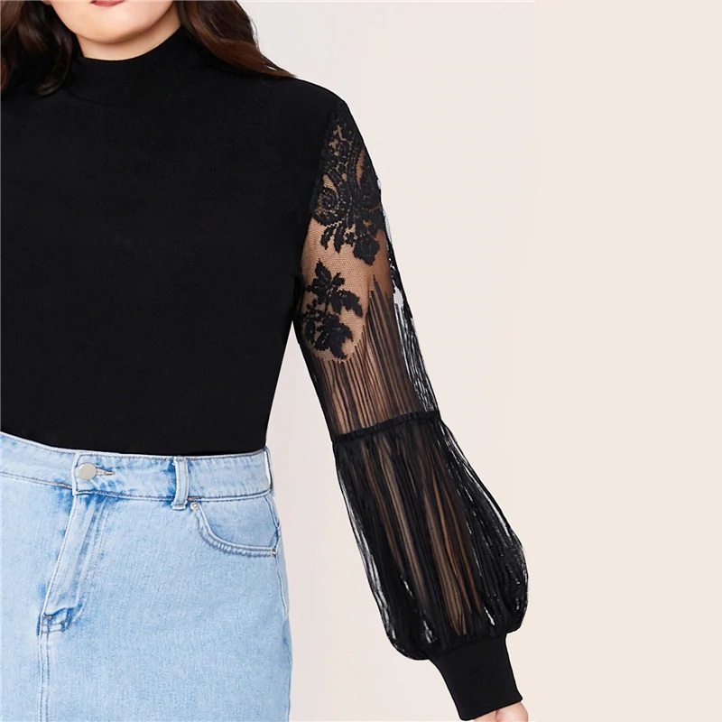 Plus Size Mock Neck Lace Lantern Sleeve Fitted Top - Image 3