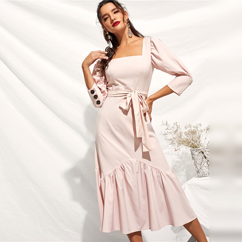 Ruffle Hem Puff Sleeve Belted Fit And Flare Dress