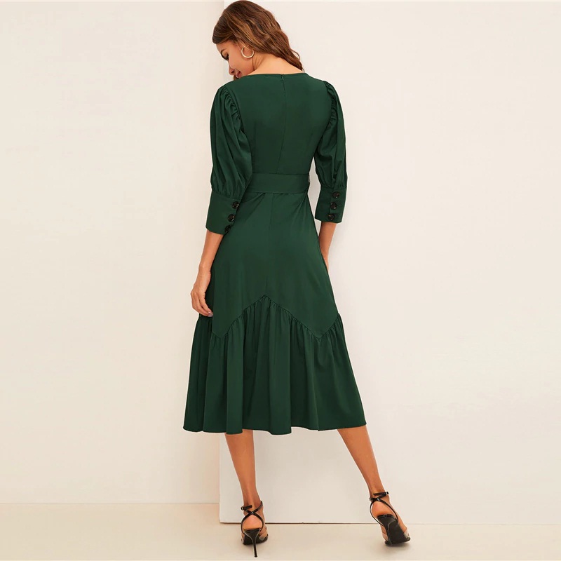 Ruffle Hem Puff Sleeve Belted Fit And Flare Dress - Image 11