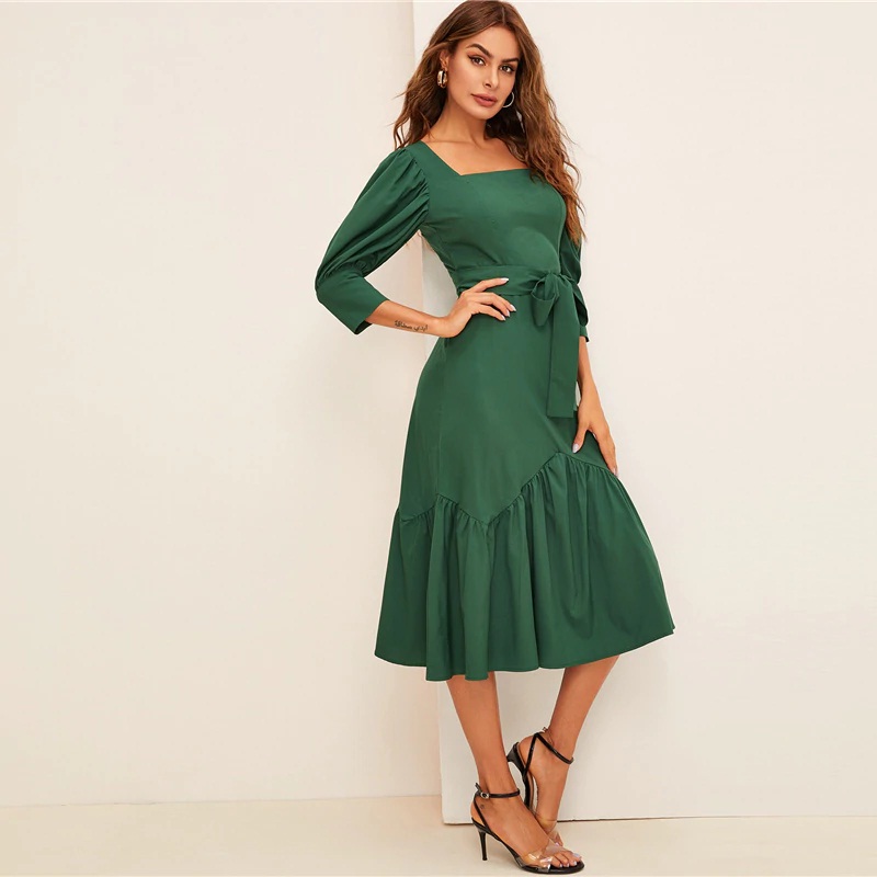 Ruffle Hem Puff Sleeve Belted Fit And Flare Dress - TD Mercado