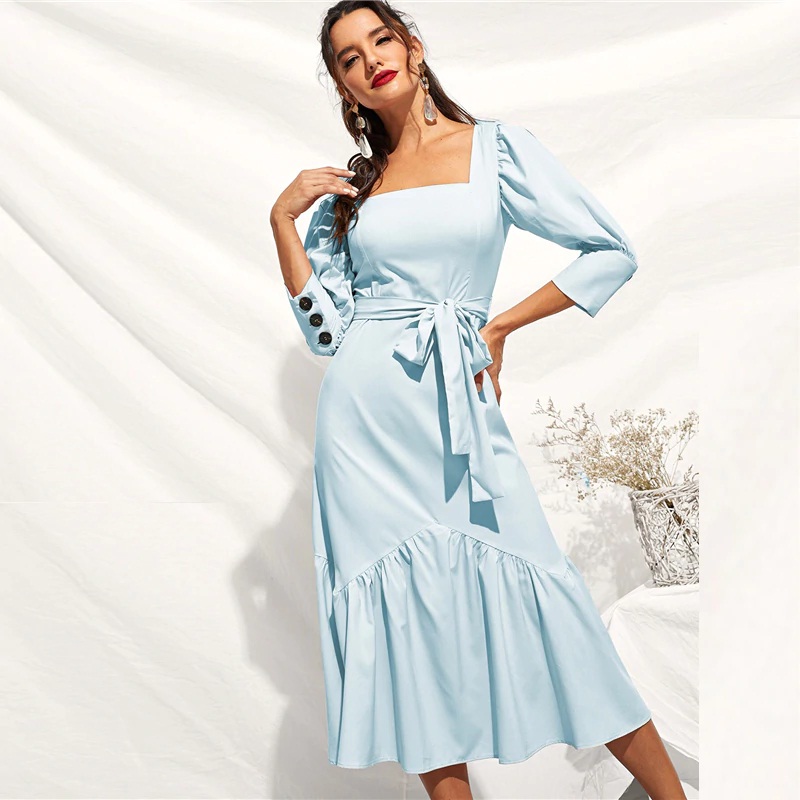 Ruffle Hem Puff Sleeve Belted Fit And Flare Dress - Image 5