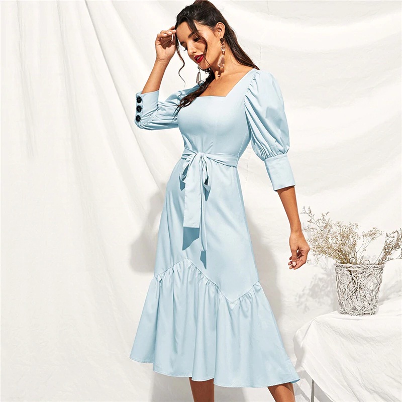 Ruffle Hem Puff Sleeve Belted Fit And Flare Dress - Image 7