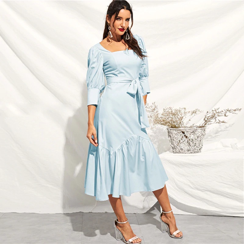 Ruffle Hem Puff Sleeve Belted Fit And Flare Dress - Image 8