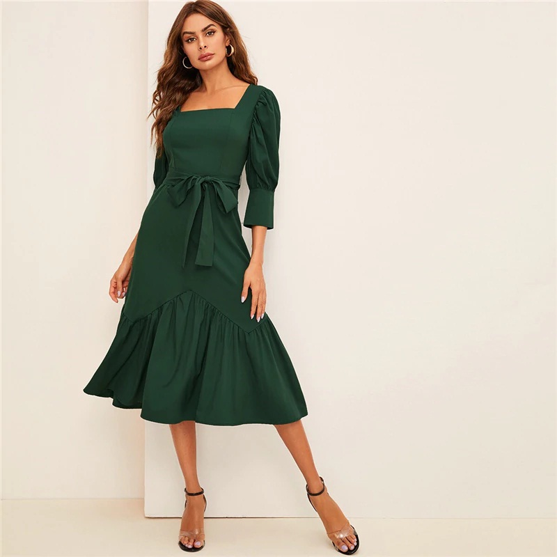 Ruffle Hem Puff Sleeve Belted Fit And Flare Dress - Image 9