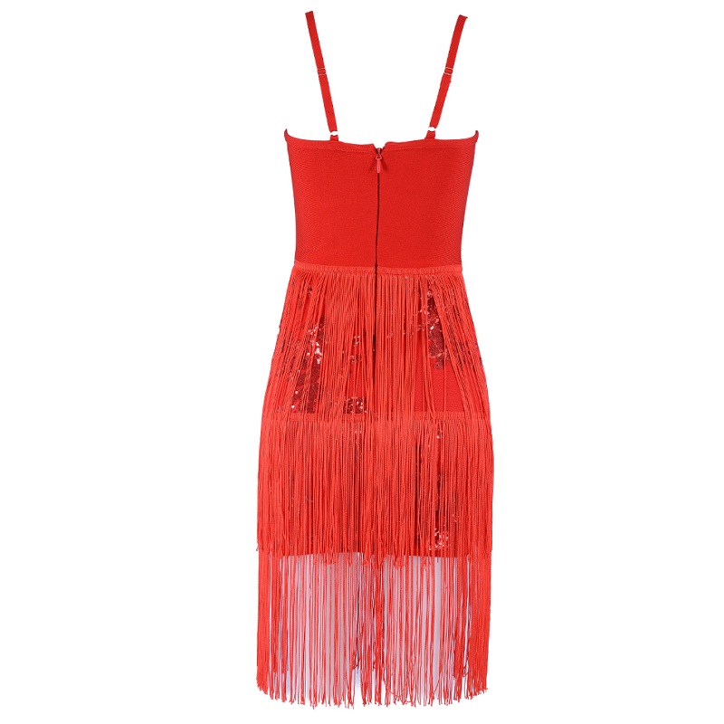 Spaghetti Strap Tassel Fringe Bodycon Club Dress - TD Mercado
