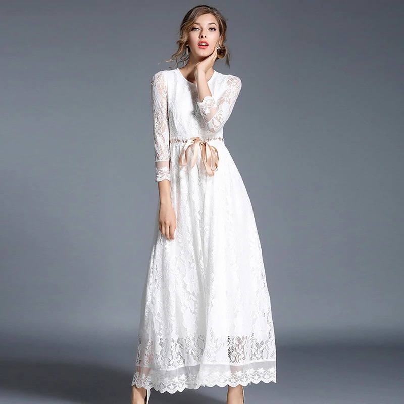 Elegant A-Line Slim office lady lace Hollow Out long dress - TD Mercado