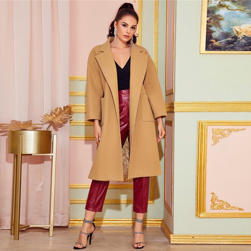 Notched Collar Split Hem Elegant Belted Double Pocket Trench Coat - Image 5