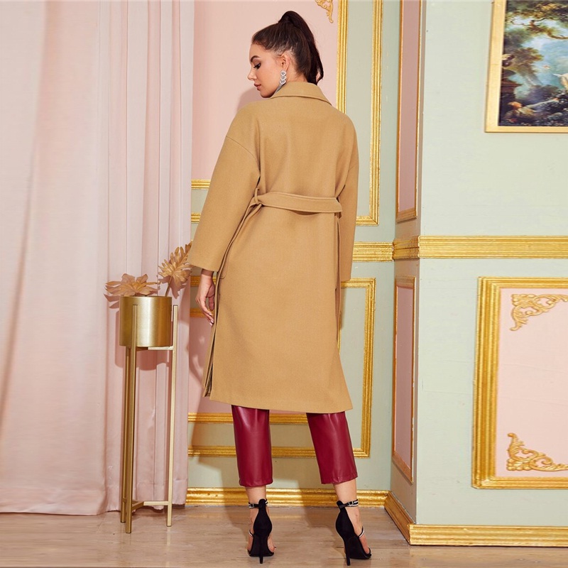 Notched Collar Split Hem Elegant Belted Double Pocket Trench Coat - Image 6