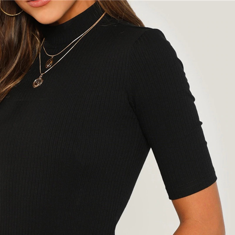 Download Casual Mock Neck Rib Knit Half Sleeve Stretchy Tops - TD ...