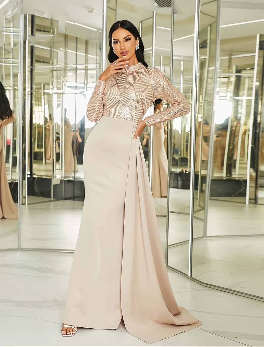 Elegant High Neck Long Sleeve Sequin Floor-Length Maxi Dress - Image 10