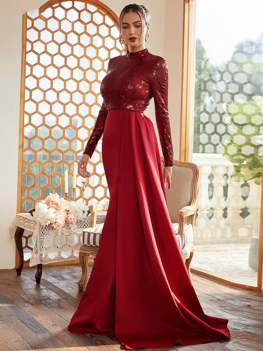 Elegant High Neck Long Sleeve Sequin Floor-Length Maxi Dress - Image 16