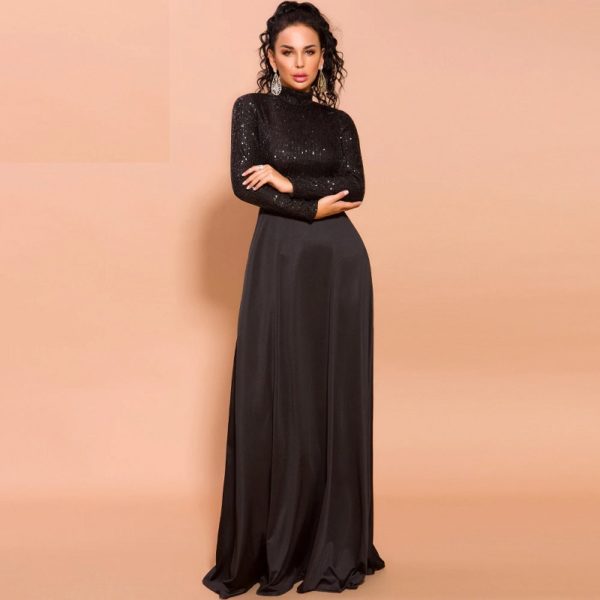 Elegant High Neck Long Sleeve Sequin Floor-Length Maxi Dress - Image 7