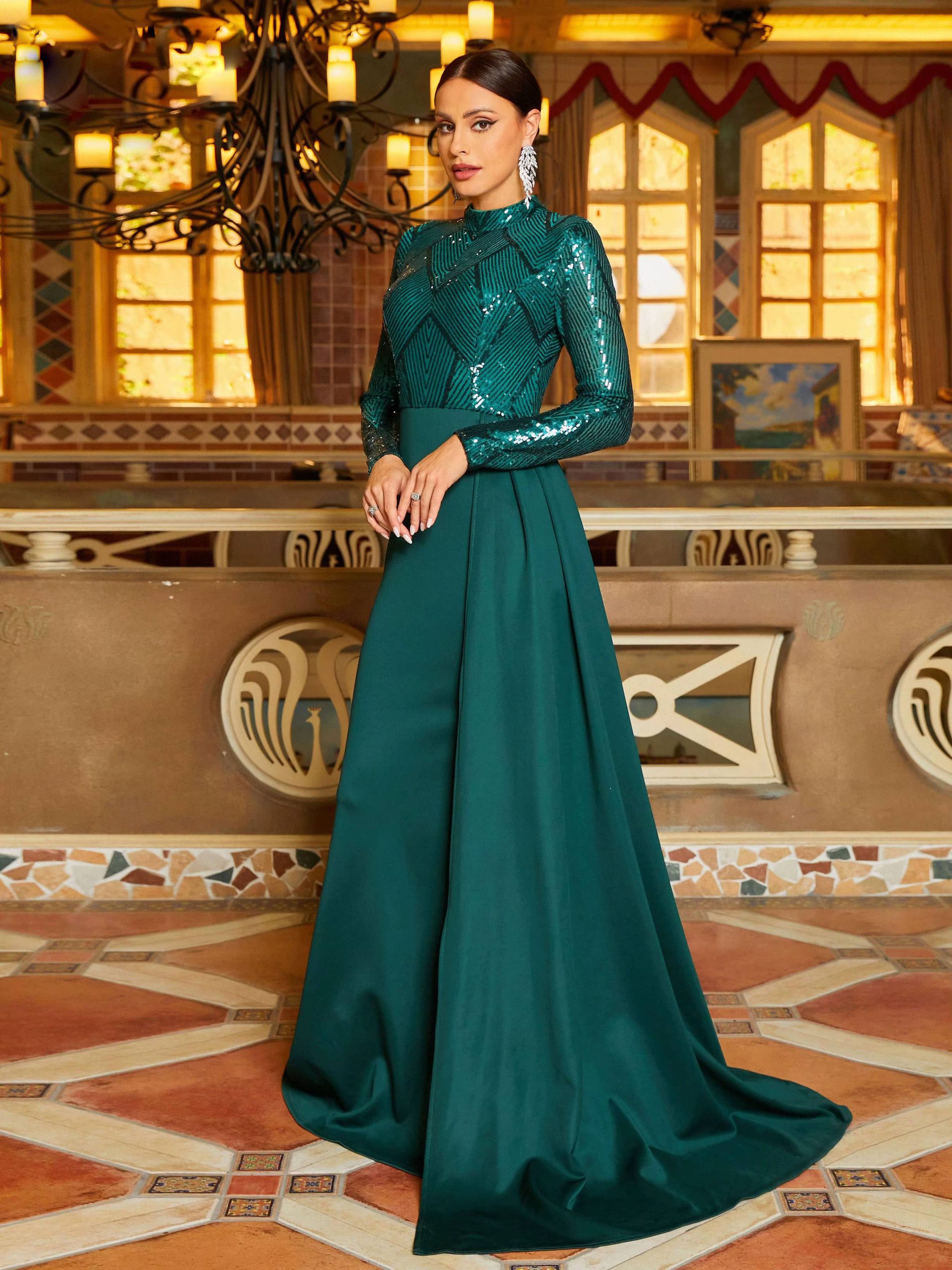 Elegant High Neck Long Sleeve Sequin Floor-Length Maxi Dress - Image 3