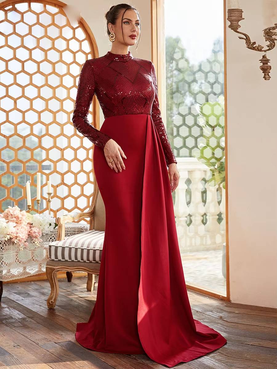 Elegant High Neck Long Sleeve Sequin Floor-Length Maxi Dress - Image 15
