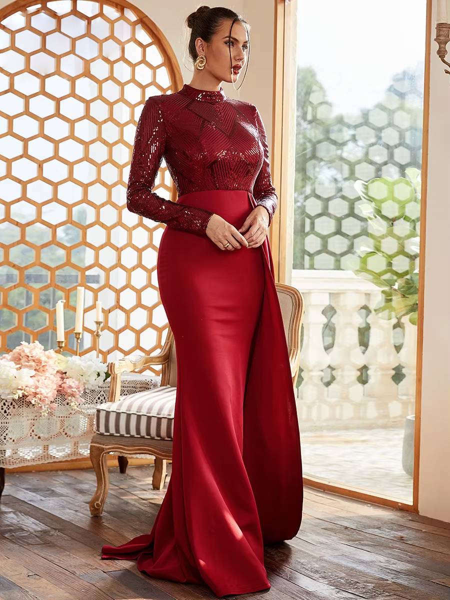 Elegant High Neck Long Sleeve Sequin Floor-Length Maxi Dress - Image 17