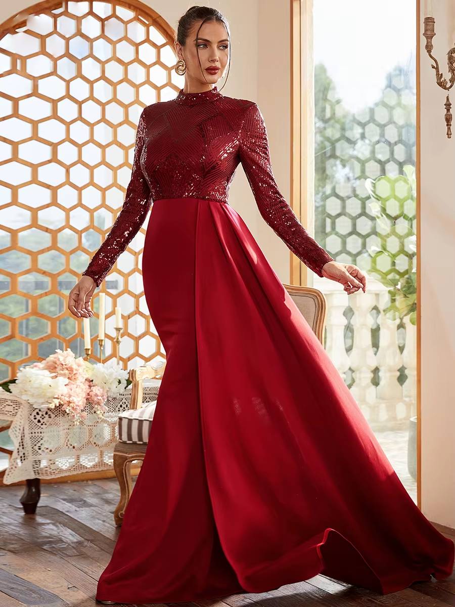 Elegant High Neck Long Sleeve Sequin Floor-Length Maxi Dress - Image 14