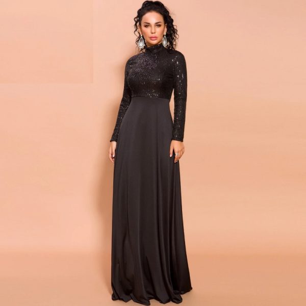 Elegant High Neck Long Sleeve Sequin Floor-Length Maxi Dress - Image 8