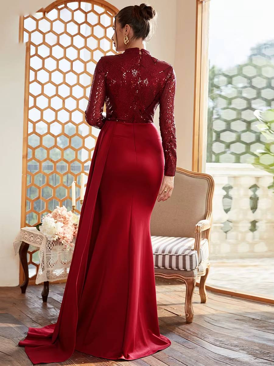 Elegant High Neck Long Sleeve Sequin Floor-Length Maxi Dress - Image 18