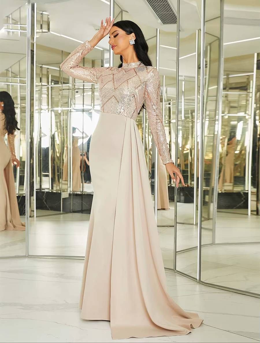 Elegant High Neck Long Sleeve Sequin Floor-Length Maxi Dress - Image 12