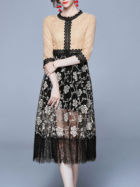 Jewel Neck Sleeves Asymmetrical Retro Floral Print Lace Dress - TD Mercado