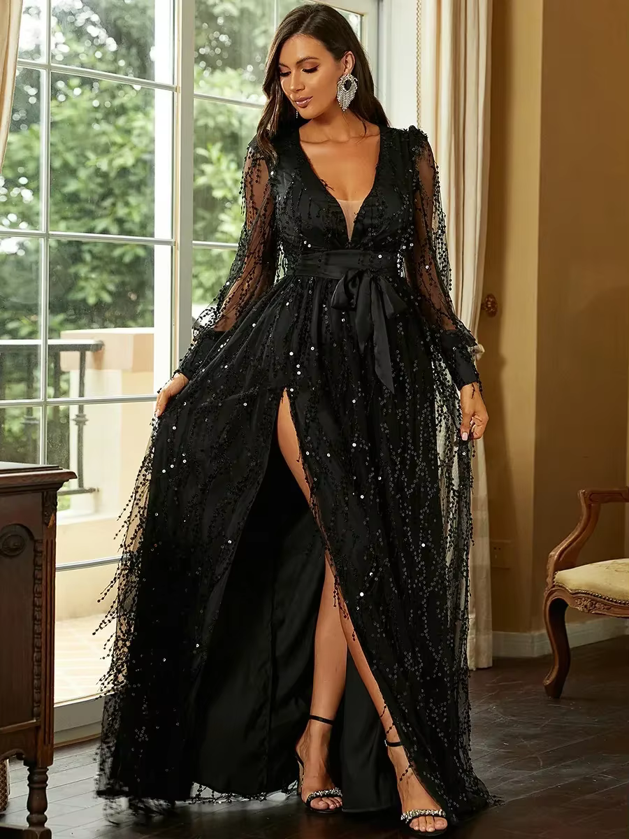Elegant Long Sleeve Deep V-Neck Two Split Sequin Ankle-Length Maxi Dress