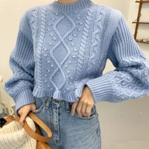 Casual Pullover Knitting O-Neck Lantern Sleeve Loose Elegant Solid Sweaters