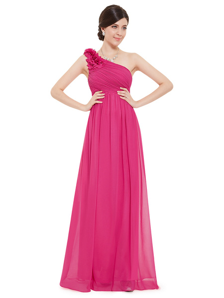 Long Chiffon One Shoulder Flower A Line Draping Wedding Party Bridesmaid Dress - Image 15