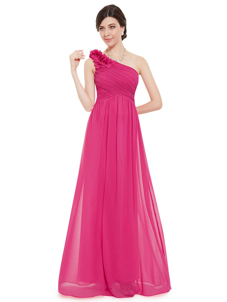 Long Chiffon One Shoulder Flower A Line Draping Wedding Party Bridesmaid Dress - Image 16