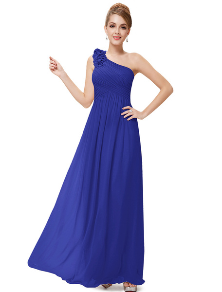 Long Chiffon One Shoulder Flower A Line Draping Wedding Party Bridesmaid Dress - Image 18