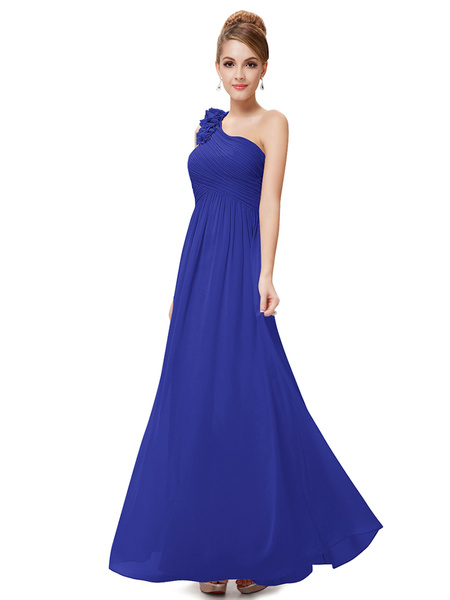 Long Chiffon One Shoulder Flower A Line Draping Wedding Party Bridesmaid Dress - Image 19