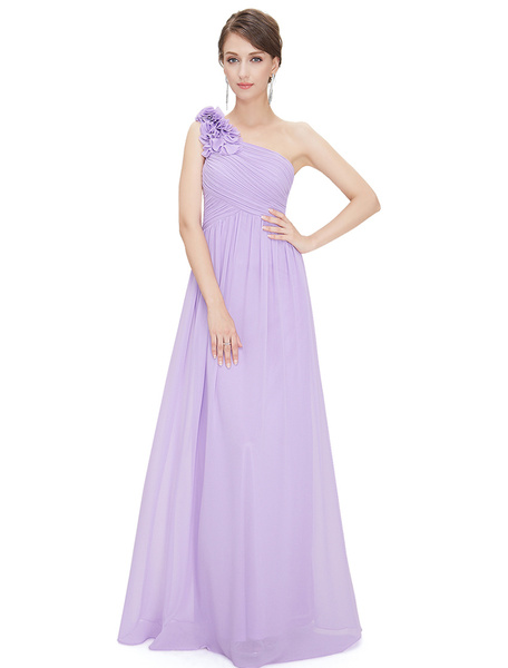 Long Chiffon One Shoulder Flower A Line Draping Wedding Party Bridesmaid Dress - Image 28
