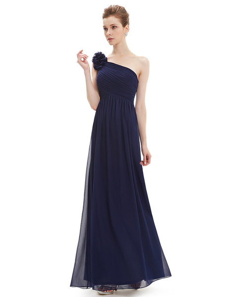 Long Chiffon One Shoulder Flower A Line Draping Wedding Party Bridesmaid Dress - Image 7