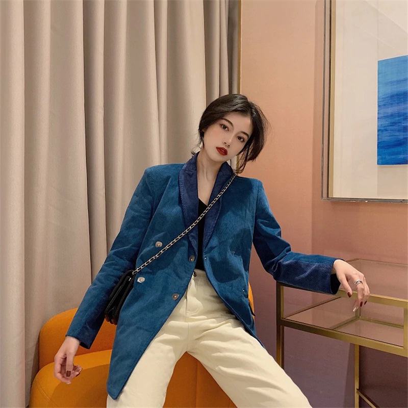 Long Sleeve Notched Collar Double-breasted Patchwork Corduroy Blazer