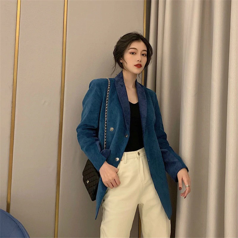 Long Sleeve Notched Collar Double-breasted Patchwork Corduroy Blazer - Image 2