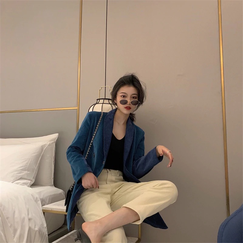 Long Sleeve Notched Collar Double-breasted Patchwork Corduroy Blazer - Image 3