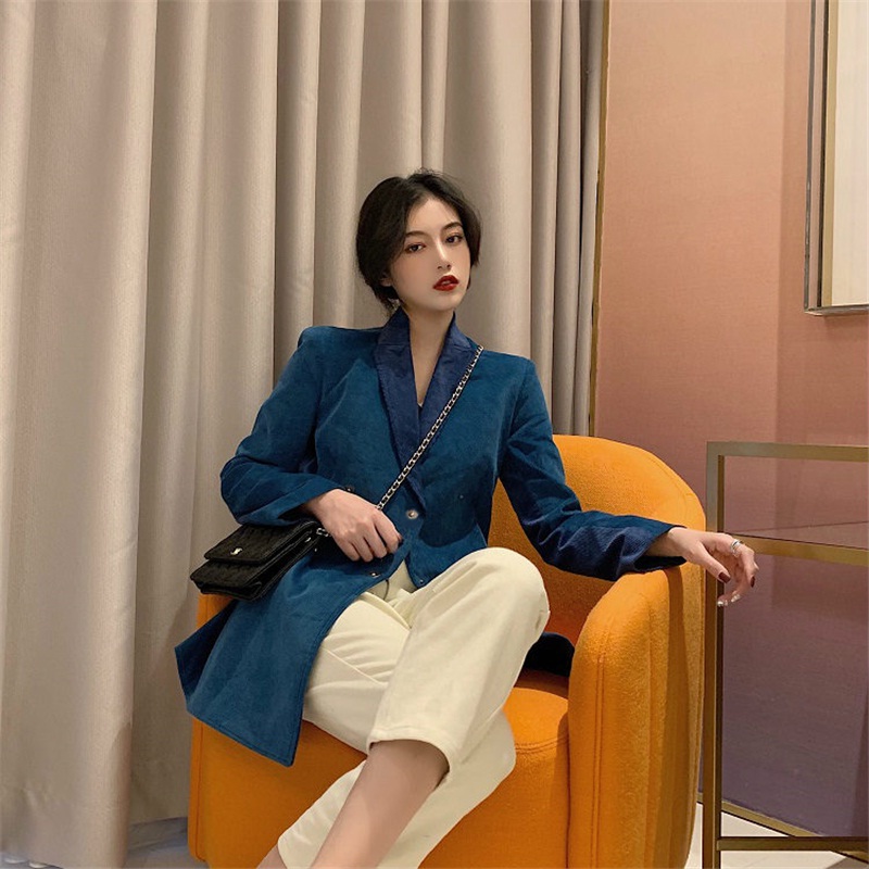 Long Sleeve Notched Collar Double-breasted Patchwork Corduroy Blazer - Image 5