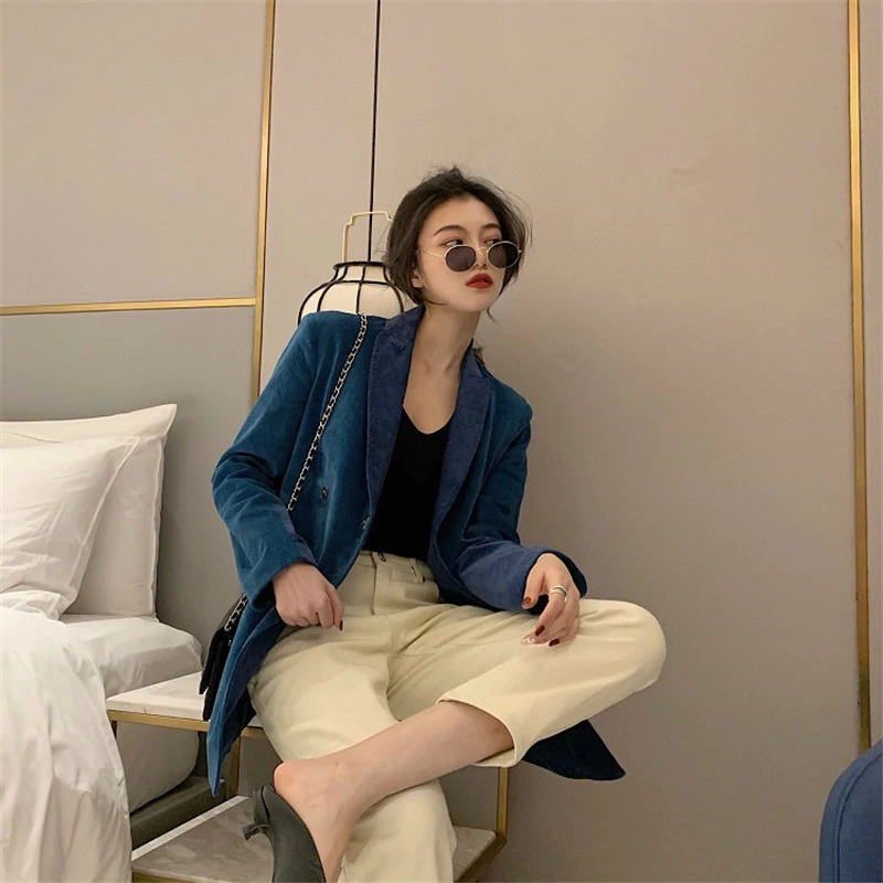 Long Sleeve Notched Collar Double-breasted Patchwork Corduroy Blazer - Image 6