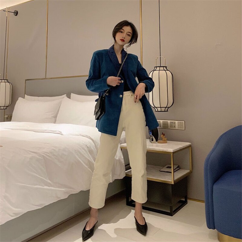 Long Sleeve Notched Collar Double-breasted Patchwork Corduroy Blazer - Image 7