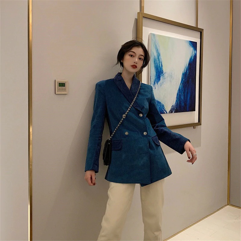 Long Sleeve Notched Collar Double-breasted Patchwork Corduroy Blazer - Image 8