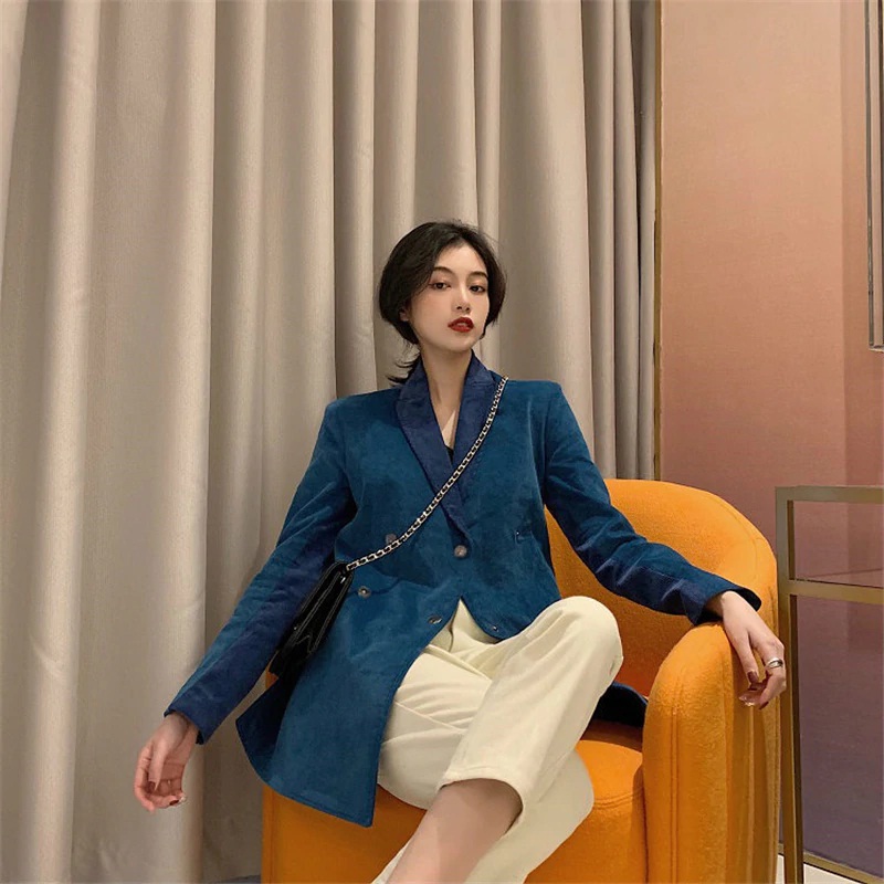 Long Sleeve Notched Collar Double-breasted Patchwork Corduroy Blazer - Image 9