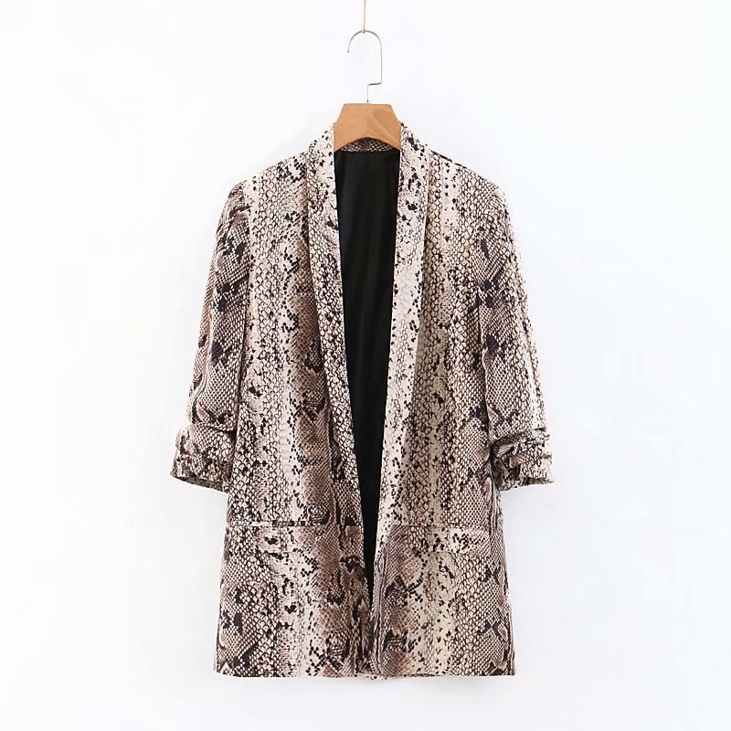 Shawl Collar Snake Skin Print Double Pocket Casual Blazer