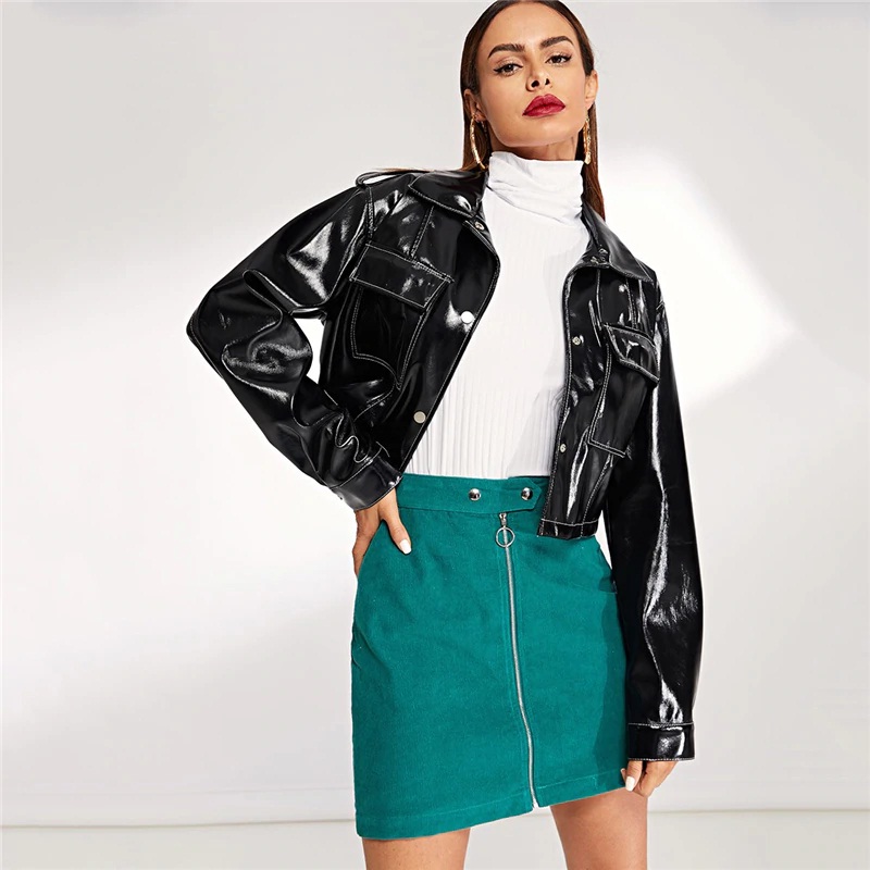 Solid Pocket Button Vintage Crop Street wear Leather Jacket