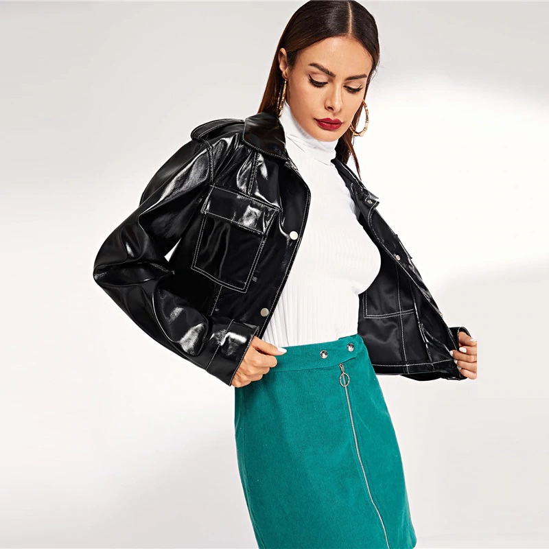 Solid Pocket Button Vintage Crop Street wear Leather Jacket - Image 3