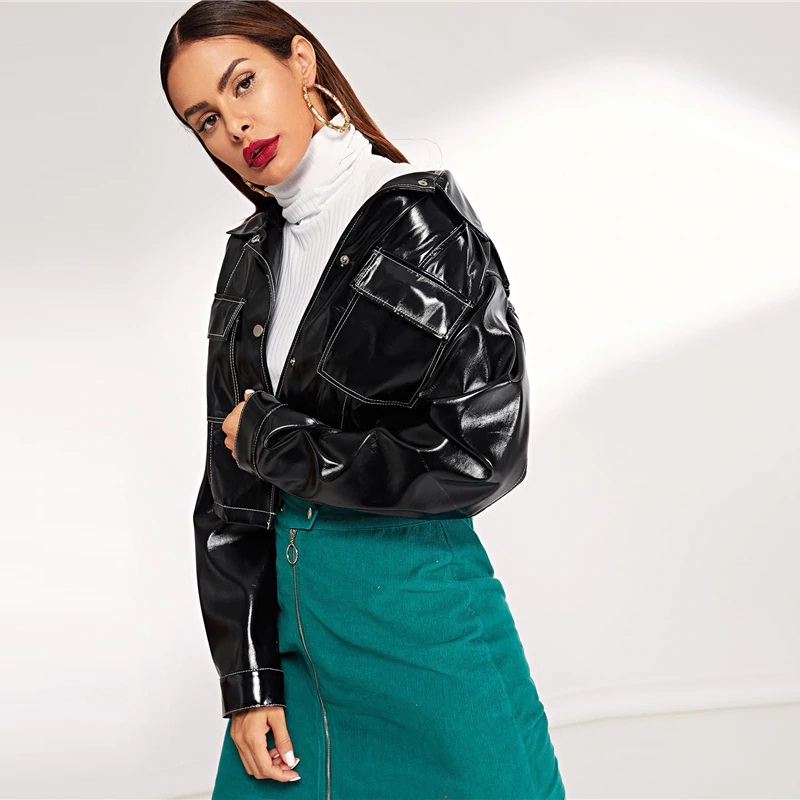 Solid Pocket Button Vintage Crop Street wear Leather Jacket - Image 4