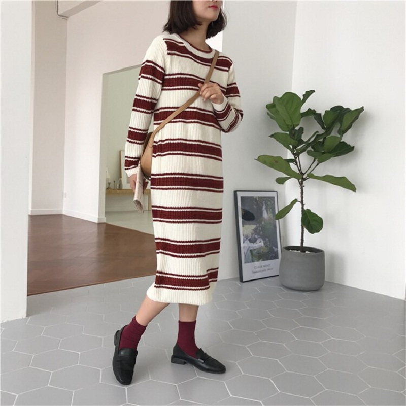 Striped Knitting Straight Warm Korean Style Casual Sweater Dress - Image 2
