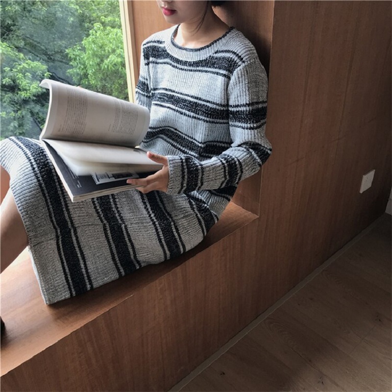 Striped Knitting Straight Warm Korean Style Casual Sweater Dress - Image 9