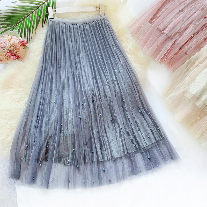 Beading Velvet Stiching Pleated Elegant Skirts - TD Mercado